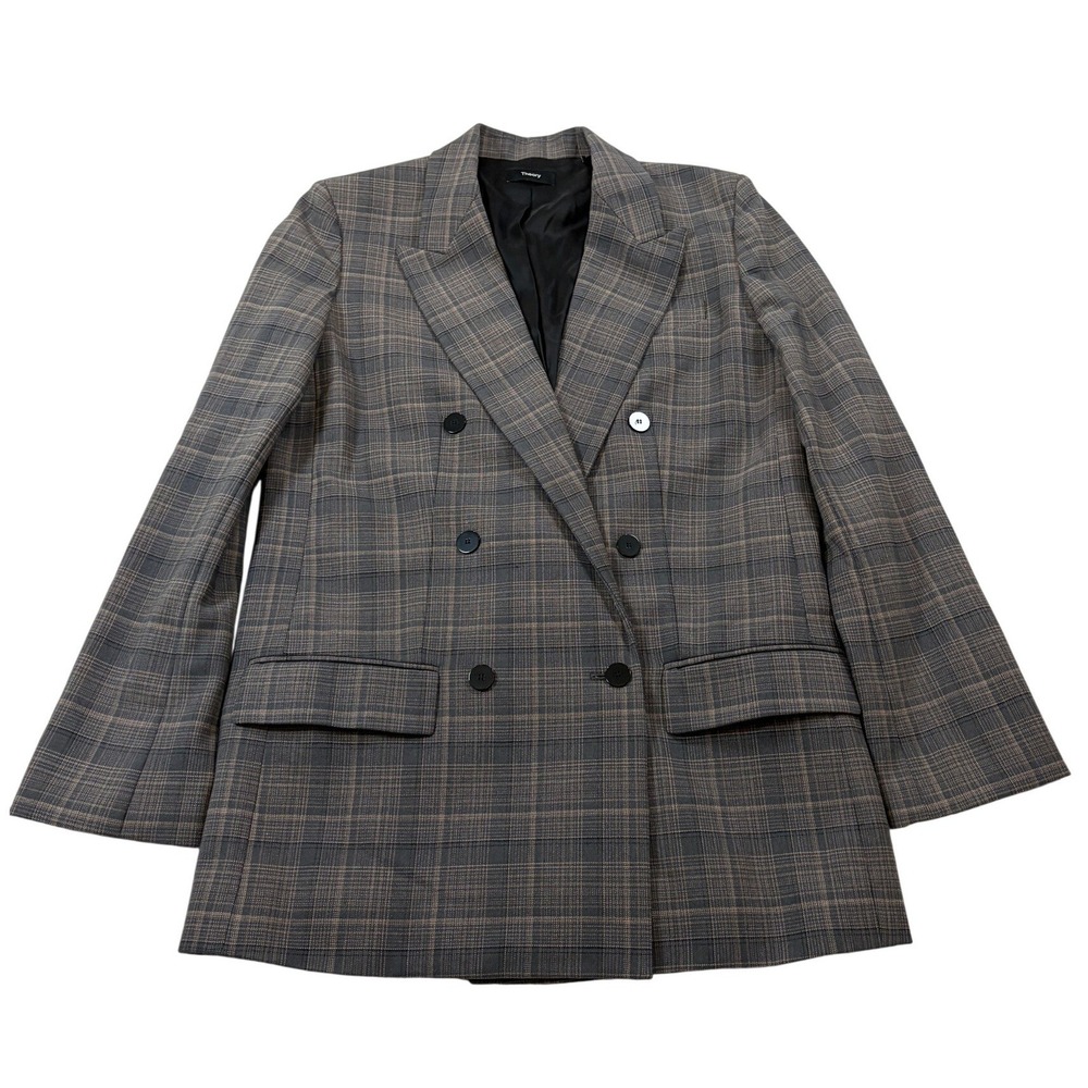 Theory Womens Windowpane Plaid Double Breasted Blazer Grey Wool Blend Size 6